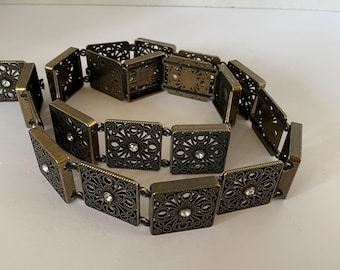Vintage Metal Filagree articulated Concho Belt with rhinestone detail - Large