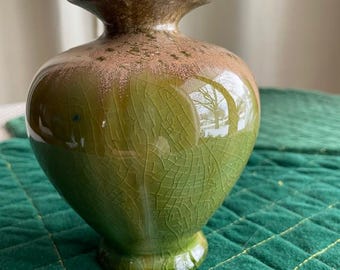 Mid Century Modern Ceramic Bud Vase featuring green and metallic gold drip glaze, crackle finish