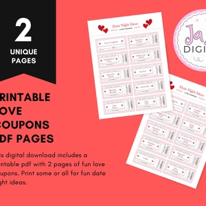 Cupones de amor imprimibles Boletos de actividad nocturna para el día de San Valentín: lindo regalo romántico de moda para su novia esposa