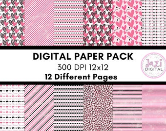 Valentine’s Day Digital Paper Pack 20 Unique 12 x 12 300 DPI Digital Paper Sheets Printable for Scrapbooking Journaling and Crafts