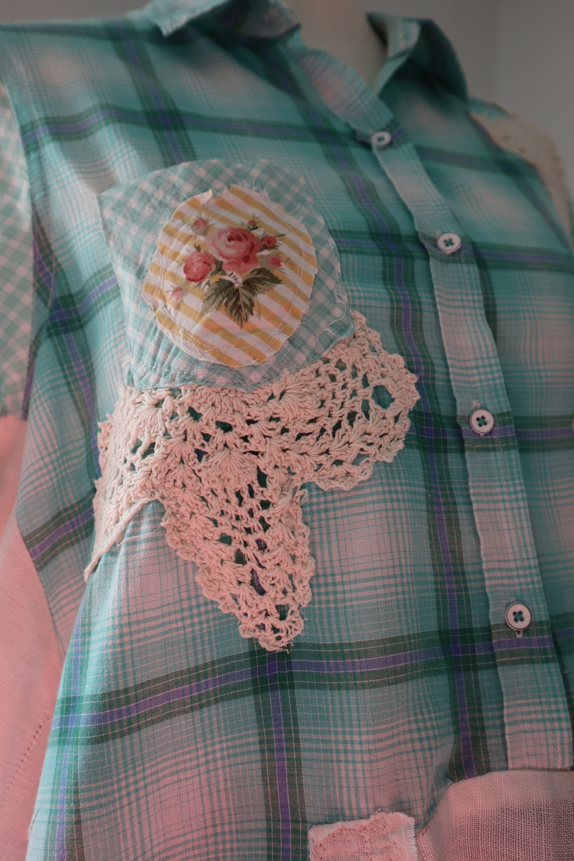 Upcycled Shirt Bohemian Patchwork Short Tunic Art to Wear Vintage Linen ...