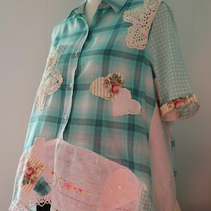 Upcycled shirt Bohemian Patchwork short Tunic Art to Wear Vintage Linen Applique Shabby Chic Cotton Top Shirt
