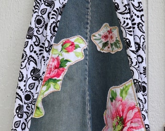 Upcycled jean Flare Twirl Skirt, Wearable art XXL, Flowers Patchwork, Refashioned Denim