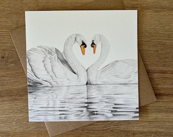 Swans Greetings Card | Romantic Bird Card | Wildlife Card | Nature Greeting Card | Hand Drawn Pencil Art | Blank Card | Swan Lover Gift