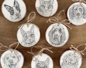 Personalised Pet Portrait Wood Slice Ornament | Custom Dog or Cat Drawing | Hand Drawn Animal Keepsake Gift