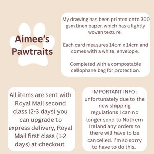 以下が含まれることがあります： 画像には「Aimee's Pawtraits」の文字と製品の詳細が記載されています。図面は300gsmのリネン紙に印刷されています。各カードのサイズは14cm x 14cmで、白い封筒が付属しています。