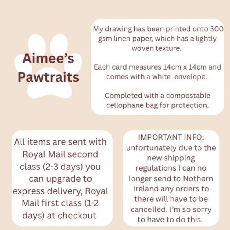 以下が含まれることがあります： 画像には「Aimee's Pawtraits」の文字と製品の詳細が記載されています。図面は300gsmのリネン紙に印刷されています。各カードのサイズは14cm x 14cmで、白い封筒が付属しています。