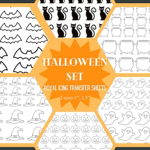 Printable Halloween Royal Icing PDF Transfer Sheets with Six Popular Halloween Designs/Sheets. Two Sizes per Design.