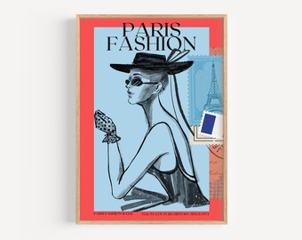 Paris Fashion Week Poster | Digital Art Download | Fashion Wall Art | Cute Trendy Mood Board | Elegant French Inspo | Red Blue Accent | Gift