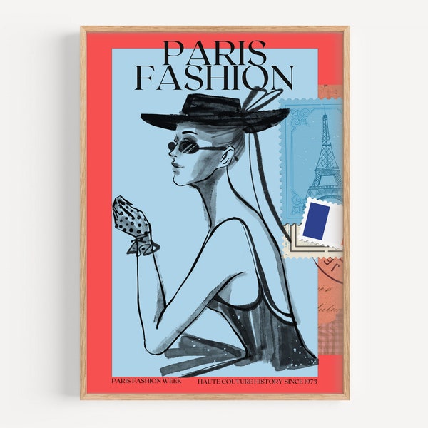 Paris Fashion Week Poster | Digital Art Download | Fashion Wall Art | Cute Trendy Mood Board | Elegant French Inspo | Red Blue Accent | Gift