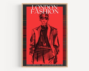 London Fashion Week Poster | Digital Art Download | Fashion Trend Wall Art | Menswear Mood Board | Posh Plaid Insp | Red Black Accent | Gift