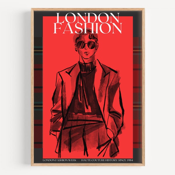 London Fashion Week Poster | Digital Art Download | Fashion Trend Wall Art | Menswear Mood Board | Posh Plaid Insp | Red Black Accent | Gift