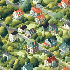 Peut inclure: Vue aérienne d'un quartier résidentiel avec des maisons de différentes couleurs et styles, entourées d'arbres verdoyants et de routes sinueuses.
