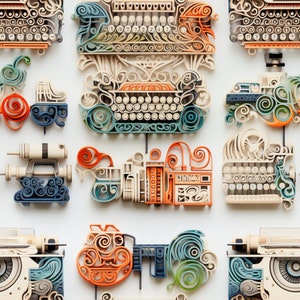 May include: A collection of intricately designed, paper-cut typewriters in various colors, including orange, blue, green, and white. The typewriters are arranged in a grid pattern on a white background.