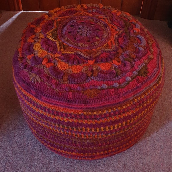 Hand Crochet Large Bean Bag, Pouffe, Footstool Footrest cover ( pouf is included in this sale) in pretty shades of Purple, Pink and Orange.