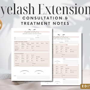 Puede incluir: Dos formularios imprimibles para extensiones de pestañas, uno para la consulta de diseño y otro para los registros de tratamiento del cliente. Ambos formularios tienen un diseño en blanco y negro con un fondo marrón claro y un gráfico estilizado de pestañas en la parte superior.