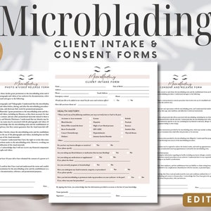 Puede incluir: Un conjunto de tres formularios imprimibles para clientes de microblading. Los formularios incluyen un formulario de liberación de fotos y videos, un formulario de admisión de clientes y un formulario de consentimiento y liberación. Los formularios están diseñados en un esquema de color rosa claro y marrón con un gráfico de ojo decorativo.