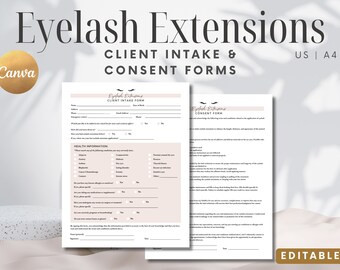 May include: Two printable forms for eyelash extensions, one for client intake and one for consent. The forms are in a light pink and white color scheme with a simple design. The forms include sections for client information, health history, and consent to treatment.