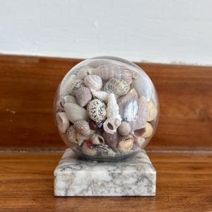 May include: A clear glass sphere filled with a collection of various small seashells in shades of white, tan, brown, and grey. The sphere is mounted on a square, polished white marble base with grey veining, creating a decorative display piece.