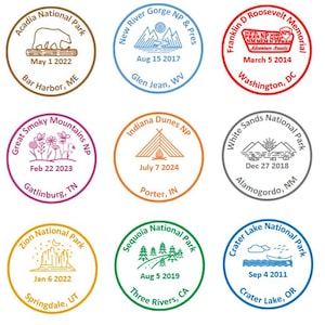 May include: A collection of circular stamps featuring national park designs. Each stamp includes the park name, date, and location. Parks include Acadia, Great Smoky Mountains, Zion, New River Gorge, Indiana Dunes, Franklin D. Roosevelt Memorial, White Sands, Sequoia, and Crater Lake.