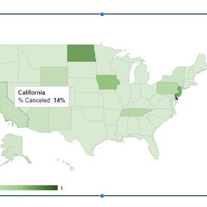 May include: A map of the United States with states shaded in varying shades of green. A pop-up box indicates "California % Canceled: 14%." A color gradient from 0 to 1 is shown at the bottom, indicating the range of values.