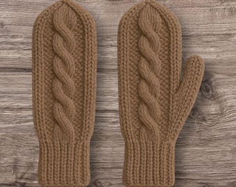 Hand-Knitted Wool Mittens - Light Brown Cable Knit, Warm Winter Gloves