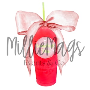 May include: A red tumbler with a pink bow and a white sticker that says "Loaded Tea" with green text. The tumbler is sitting on a white background.