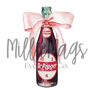 May include: A glass bottle of Dr Pepper soda with a pink ribbon tied around the neck. The bottle has a white label with the Dr Pepper logo and the words "10 2 4".