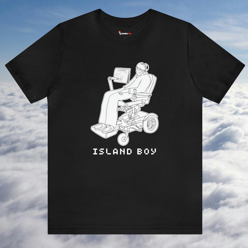 May include: Black t-shirt with a white outline of a person in a wheelchair using a laptop, with the text "ISLAND BOY" below the image.
