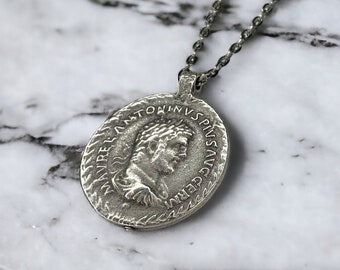 Ancient Roman Coin Pendant , Julius Caesar Lucky coin jewelry , Handmade Silver Plated Charms ,  Ancient Roman Style Jewelry