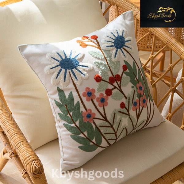 Floral Embroidery Pillow Cover, Soft & Decorative Cushion Cover for Office ,Bedroom and Home Decorations Housewarming Gift  18x18 inch