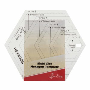 May include: A clear, multi-size hexagon template for quilting, with measurements in inches. It features cut sizes from 1.5" to 5.5" and finished heights from 1" to 5". The template has the text "Sew Easy" and "Hexagon" printed on it.