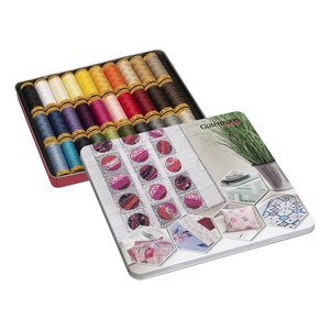 May include: A metal tin containing 24 spools of Gutermann thread in a variety of colours. The tin features a design of a quilt with different patterns and colours.