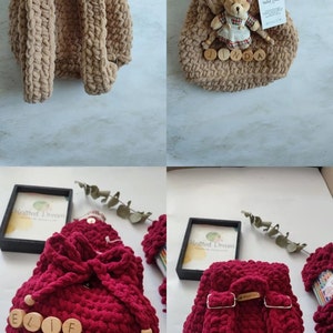 May include: Chunky knit backpacks in tan and burgundy. The tan backpack has adjustable straps and a small teddy bear. The burgundy backpack features wooden letter beads spelling out a name. These soft backpacks are ideal for children.