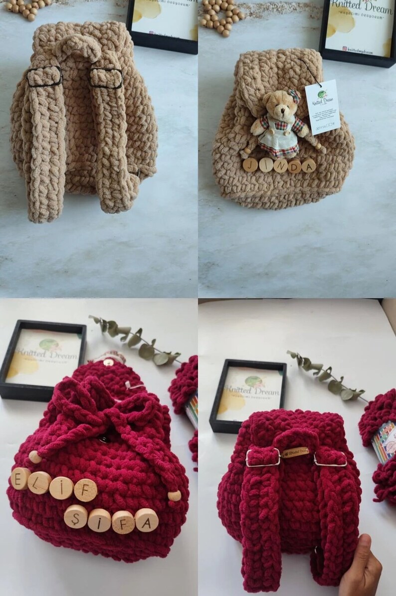 May include: Chunky knit backpacks in tan and burgundy. The tan backpack has adjustable straps and a small teddy bear. The burgundy backpack features wooden letter beads spelling out a name. These soft backpacks are ideal for children.