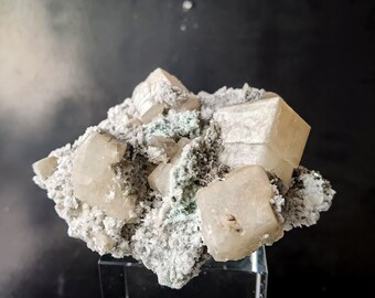 Rare Cubic calcite with chalcanthite and pyrite