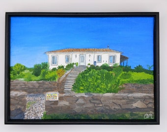Origineel klein canvas schilderij van een Portugees huis, acrylverf op canvas, handgeschilderde kunst.
