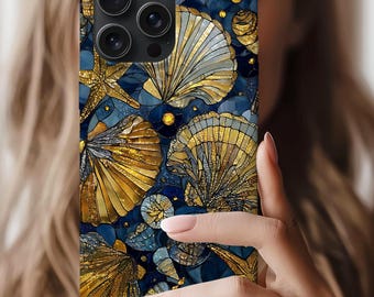 Gold Seashell Tough Phone Case, Nautical Ocean Protective Cover, iPhone 17 16 15 14 13 12 11 Pro Max, Pixel, Magsafe
