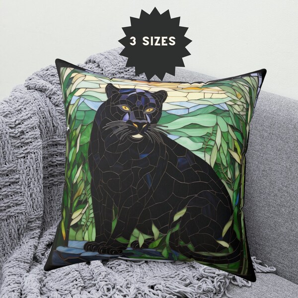 Black panther pillow stained glass print unique throw pillow unusual gifts watercolor wild cat exotic theme jungle nursery scatter cushion