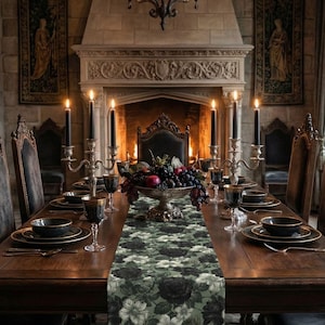 Gothic Floral Table Runner, Black Rose Flower Decor, Dark Botanical Altar Decoration, Alternative Home Style, Green Witch Gift