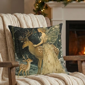 Winter Fairy and Deer in Forest Pillow, Christmas Deco Throw Cushion, Holiday Home Decorative Accent