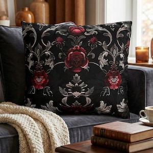 Gothic Floral Throw Pillow Cover, Moody Victorian Roses and Silver Accents, Whimsigoth Decor Gift