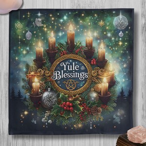 May include: A square, dark blue tapestry with a Yule Blessings design. The image features a wreath of candles, holly, and ornaments. The text "Yule Blessings" is in a gold-colored circle. The background is a starry night scene.