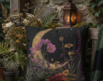 Dark Botanical Outdoor Pillow, Crescent Moon Floral Throw, Dark Cottagecore Decor, Boho Witchy Home Decoration