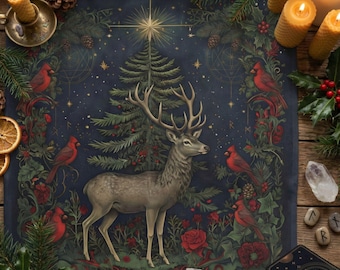 Yule Altar Cloth, Pagan Stag and Tree of Life Design, Winter Solstice Ritual Cloth, Wiccan Christmas Decor for Sacred Space