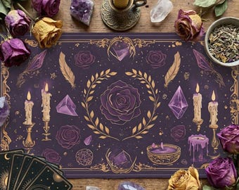Purple Witchy Altar Tapestry, Celestial Rose Tarot Mat, Mystical Witchcraft Ritual Cloth, Spiritual Decor