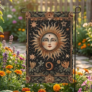 Litha Garden Flag, Summer Solstice Sun and Flower Banner, Pagan Wheel of the Year Decor