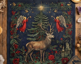 Yule Altar Cloth, Pagan Stag and Tree of Life Design, Winter Solstice Ritual Cloth, Wiccan Christmas Decor for Sacred Space