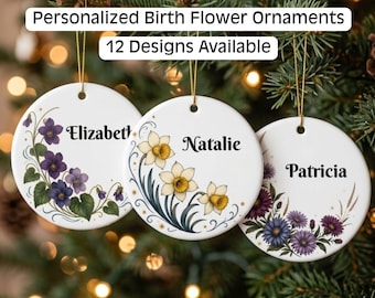 Personalized Birth Flower Ornament, Custom Name Christmas Keepsake, Botanical Birth Month Gift
