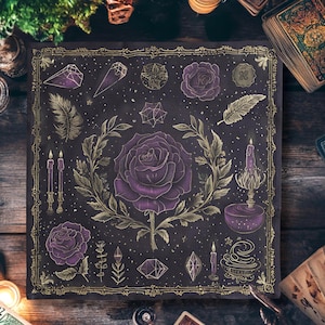Tapiz de altar de bruja púrpura, paño de tarot de la rosa celestial, paño ritual de brujería mística, decoración espiritual